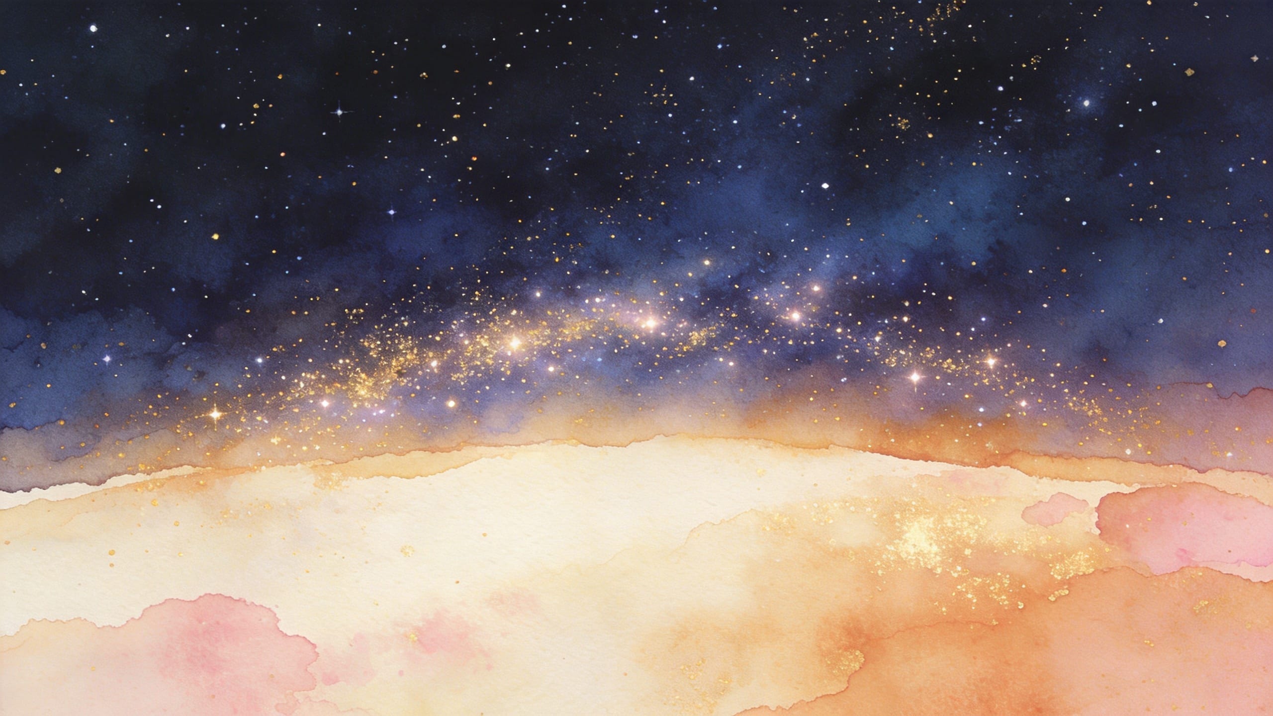 水彩で描かれた星空。金色の星々が暖色の地平に弧を描く、12星座の世界観を表現