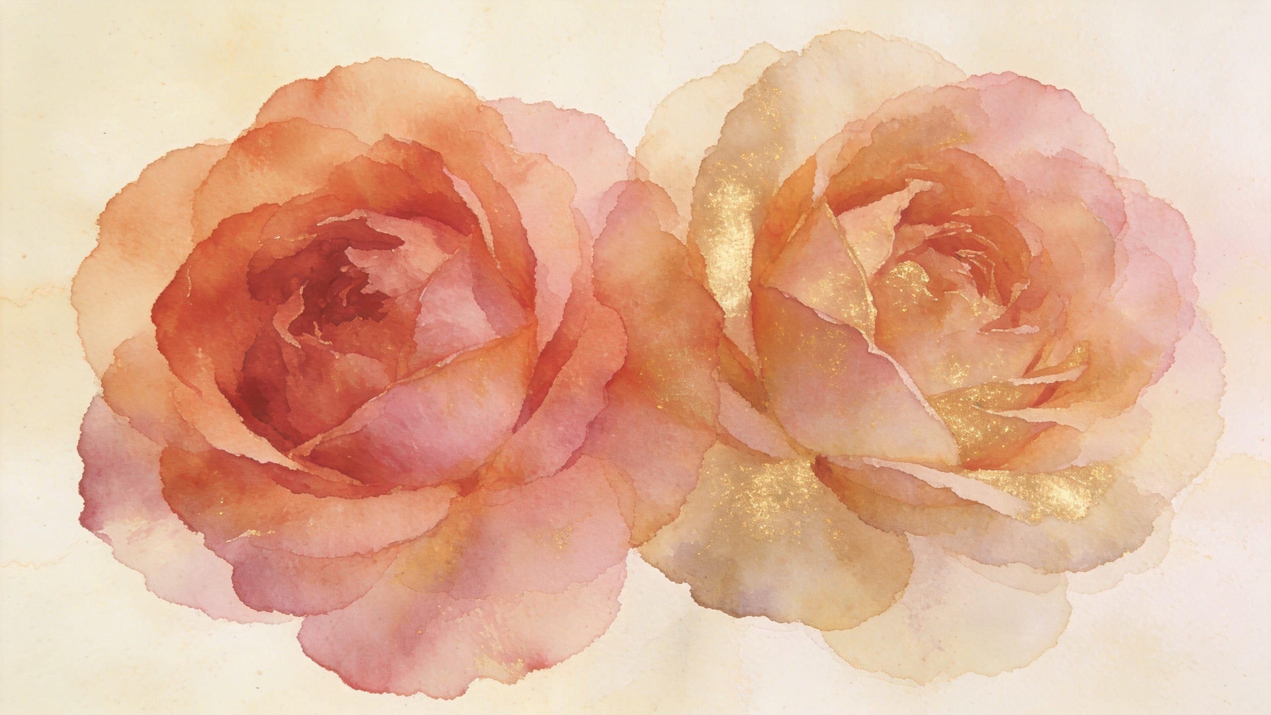 水彩で描かれた2輪の薔薇。寄り添いながらそれぞれの色を保つ、ふたつの個性のイメージ