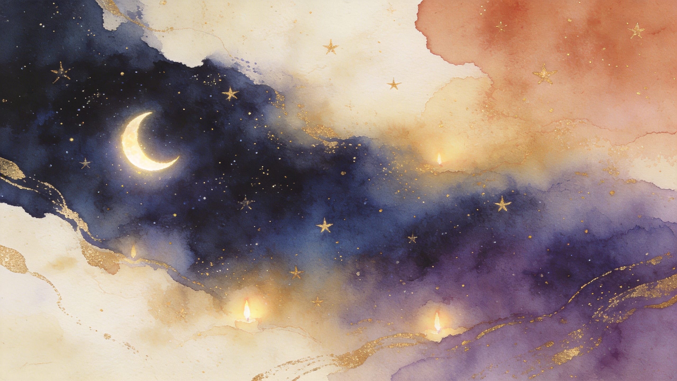 水彩で描かれた神秘的な夜空。三日月と金色の星、ろうそくの灯り。タロットの世界観を表現