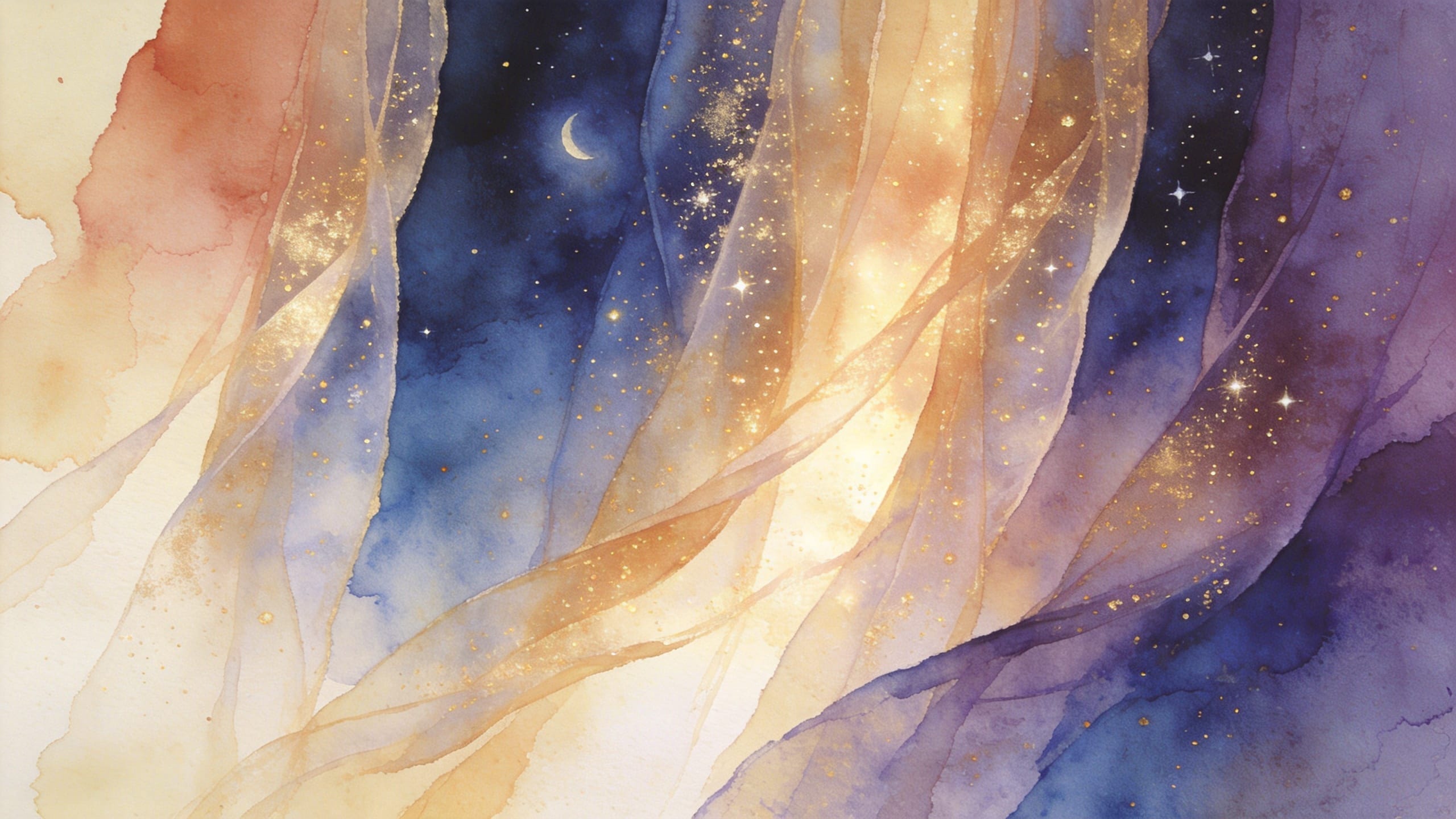 水彩で描かれた、金色の光のヴェールに浮かぶ三日月と星屑のイメージ