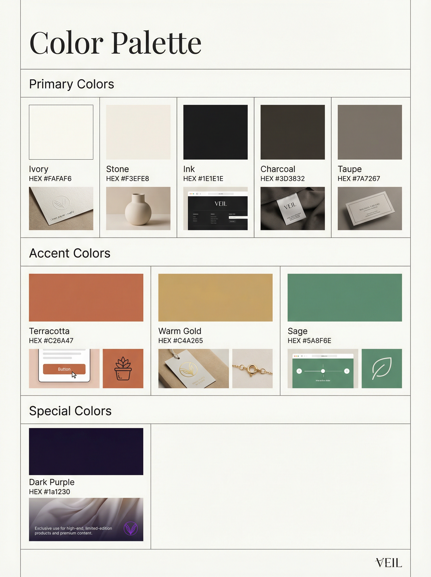 VEIL Color Palette — Ivory, Stone, Ink, Charcoal, Terracotta, Warm Gold, Sage
