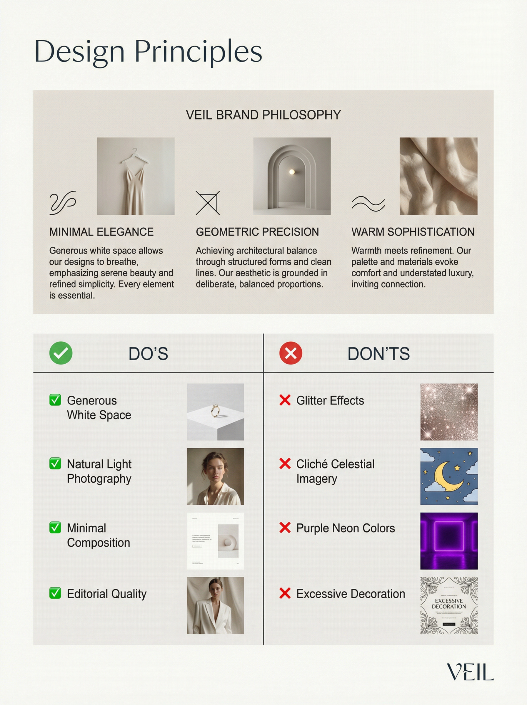 VEIL Design Principles — Minimal Elegance, Geometric Precision, Warm Sophistication
