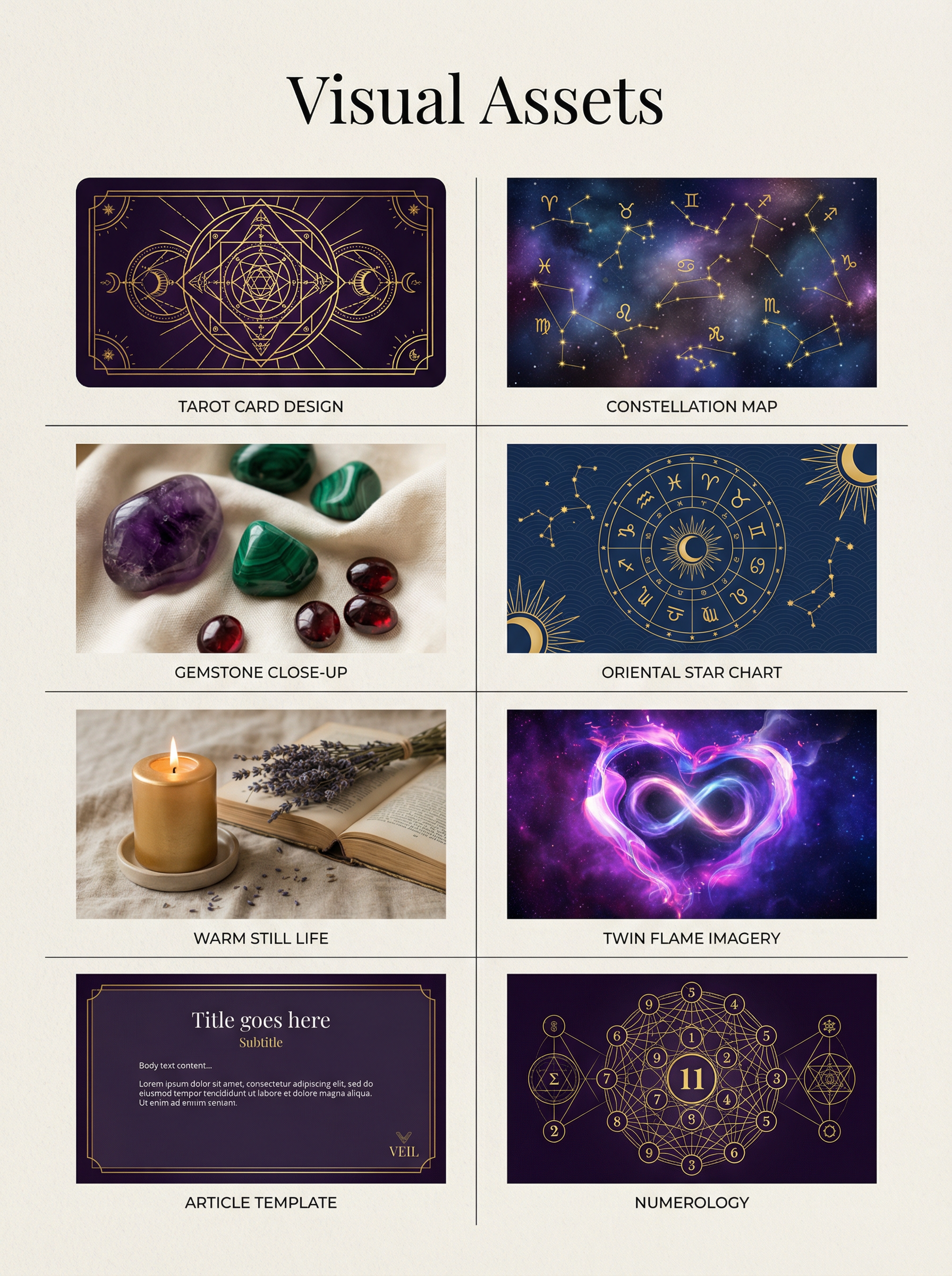 VEIL Visual Assets — Tarot Card, Constellation Map, Gemstone, Twin Flame